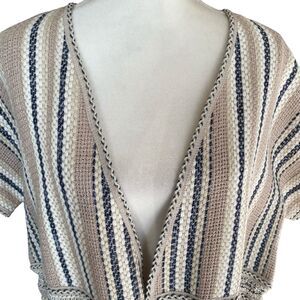 CHICO'S Tan Blue Striped BoHo Tassel Tie-Front Woven Knit Cardigan Size 3/L